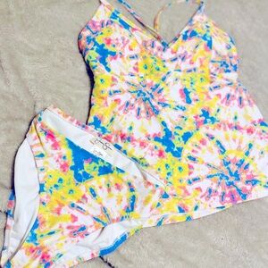 Jessica Simpson 2-Piece Taniki Swimsuit Set Tie-dye design yellow, pink & blue